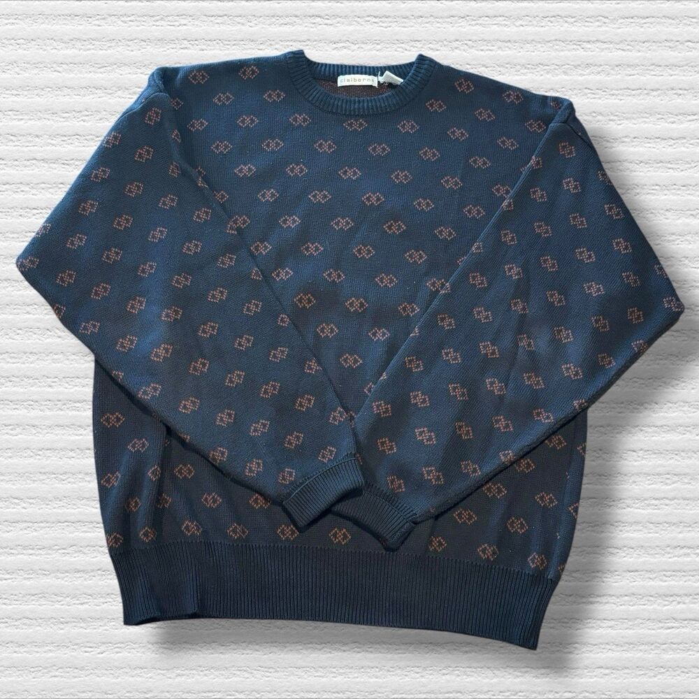 Vtg Claiborne Sweater Men XL Navy Red Geo Grandpa Knit Hong Kong 90s DadCore